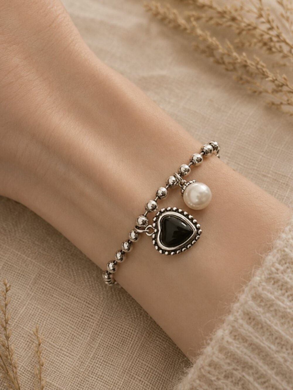 Sterling Silver Black Heart & Pearl Bead Bracelet